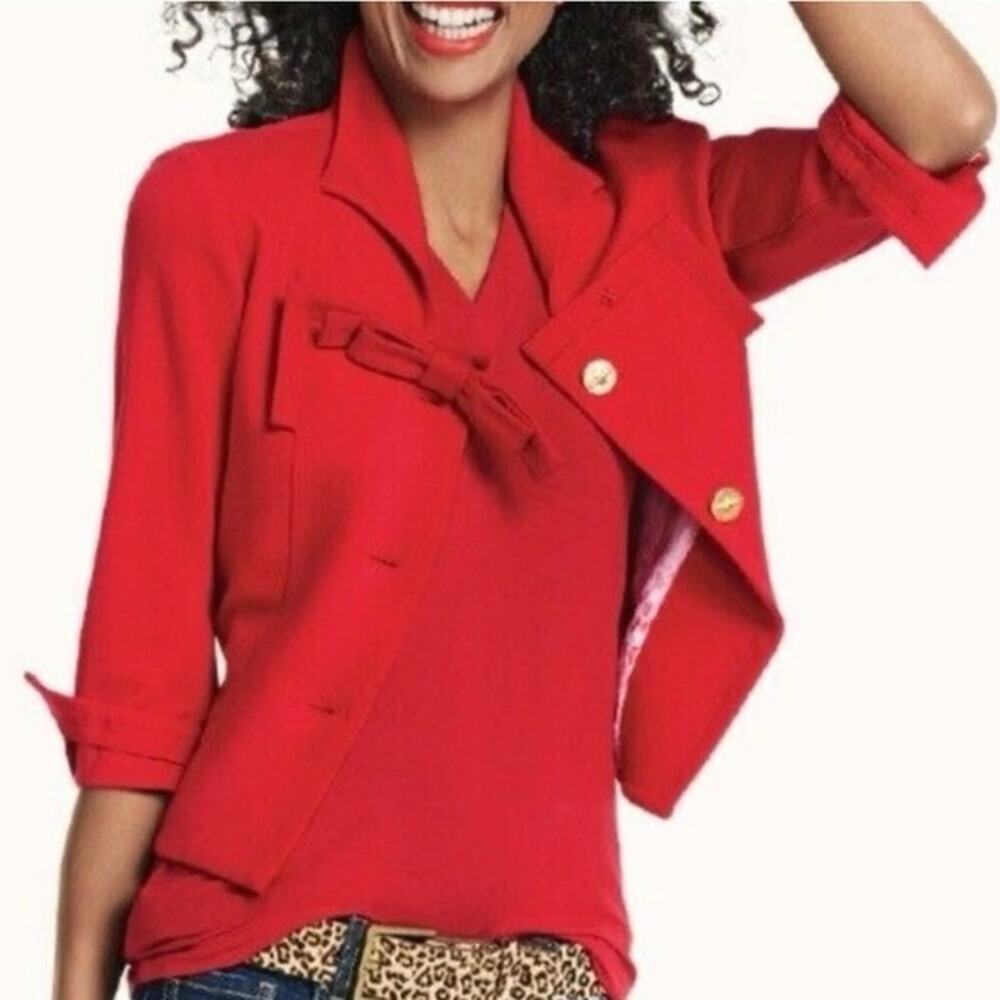VTG Cabi Beau Red Cropped Blazer‎ Jacket Size 6 Gold Buttons Bow Preppy Holiday - Picture 3 of 14